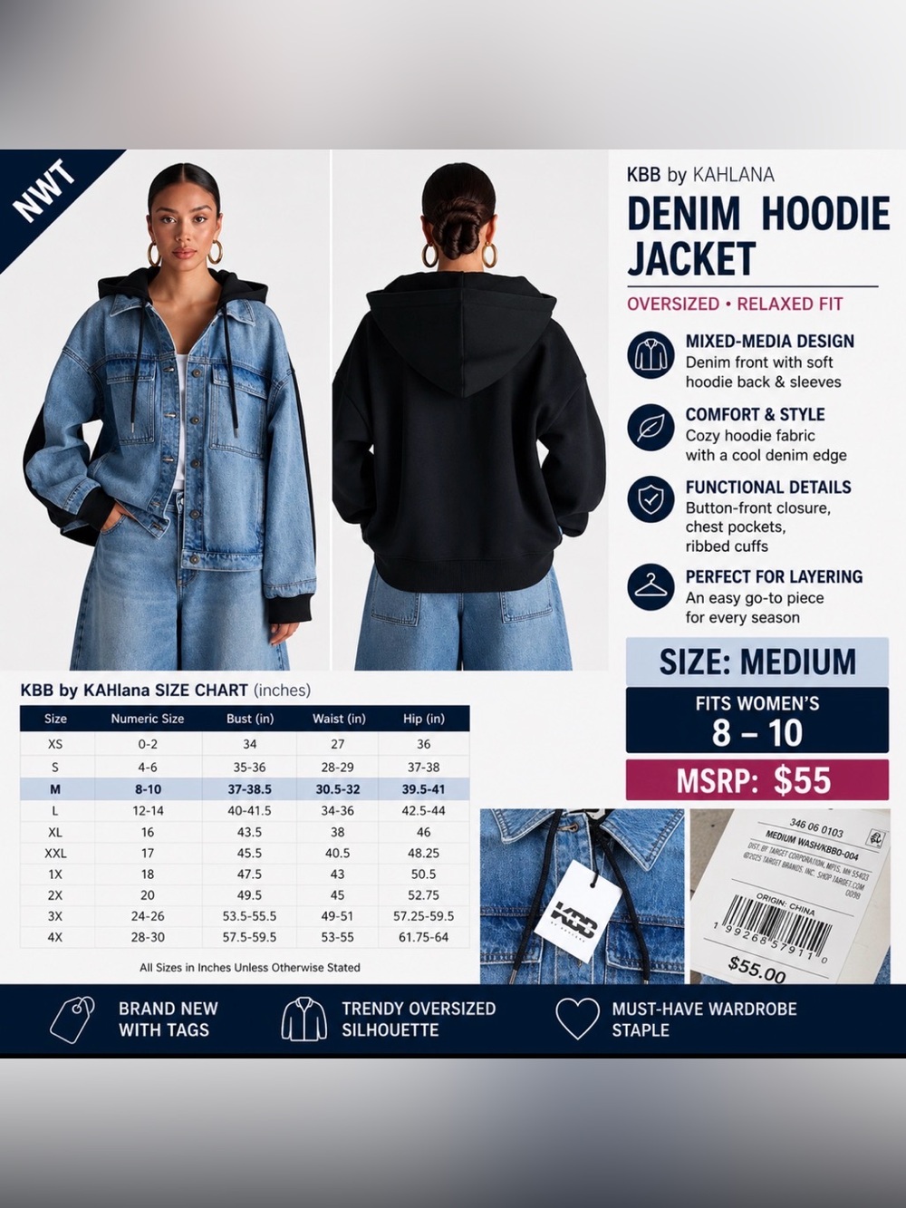 KBB by Kahlana Denim Hoodie Jacket
Women’s Medium | NWT | MSRP $55